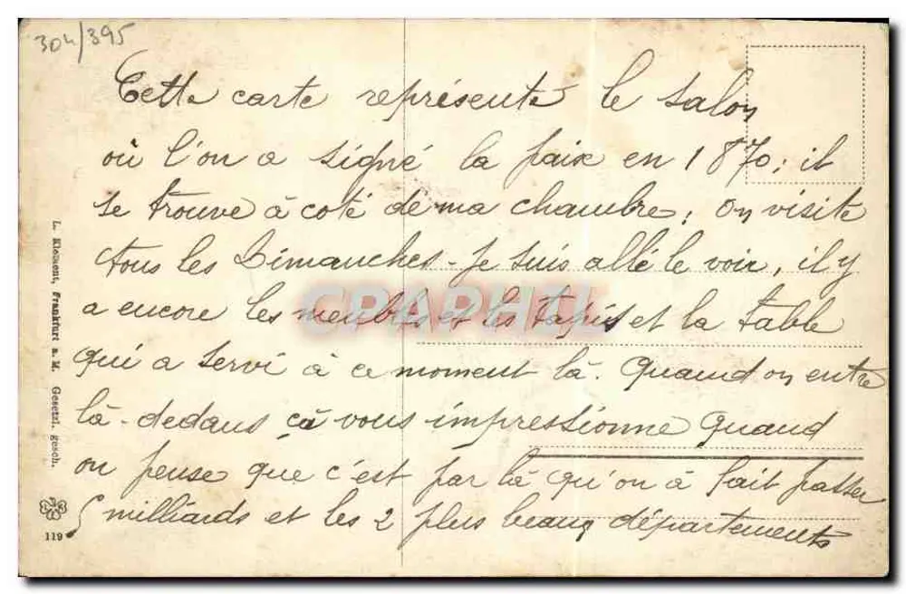 Friedensschluss im Hotel Schwan, Frankfurt a.M. 10. Mai 1871 — signierte Gravur Hamann Junker - Rückseite
