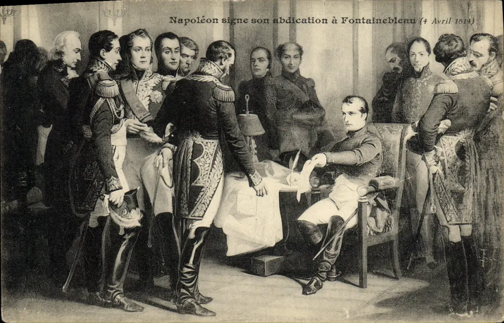 Napoleon unterschreibt seine Abdankung in Fontainebleau (4. April 1814) — historische Illustration — unbekannter Verleger - Vorderseite