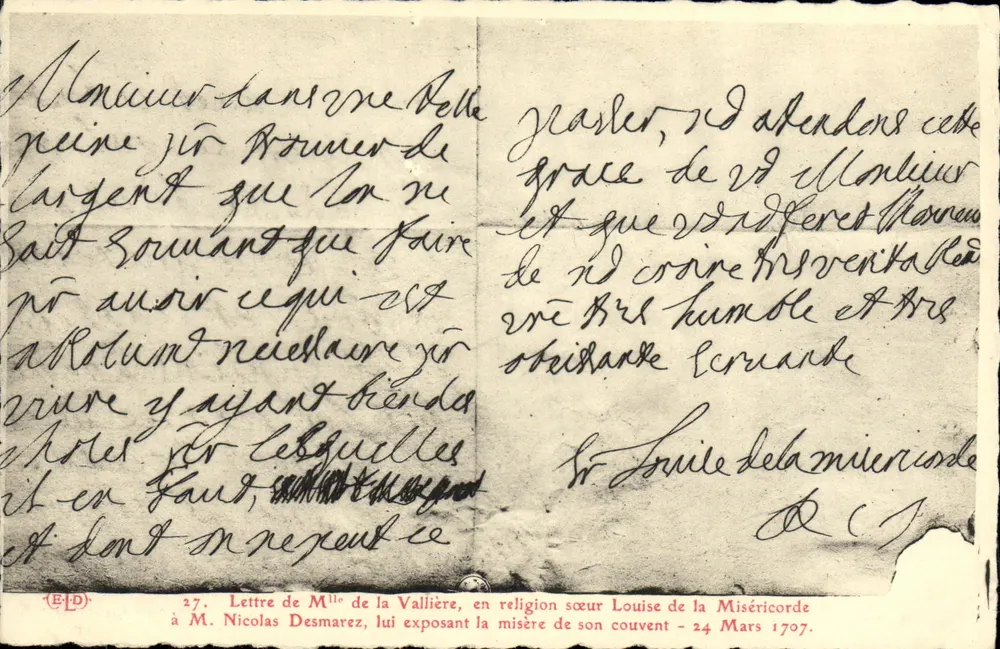 Schwester Louise der Barmherzigkeit — Brief von Fräulein de la Vallière an Herrn Nicolas Desmarez — 24. März 1707 - Vorderseite