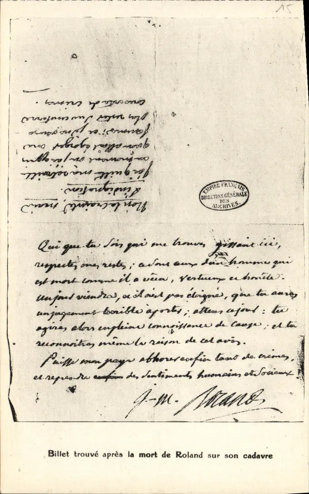 Notiz, die nach Rolands Tod auf seinem Körper gefunden wurde — Französisches Imperium, Generaldirektion der Archive - Vorderseite