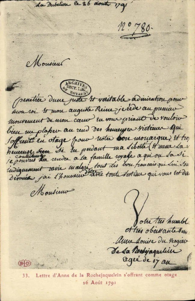 Brief von Anne de la Rochejaquelein, die sich als Geisel anbietet — 26. August 1791 — Archive des Königlichen Sekretariats - Vorderseite