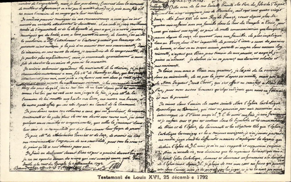 Testament von Ludwig XVI — 25. Dezember 1792 — handschriftlicher Text - Vorderseite