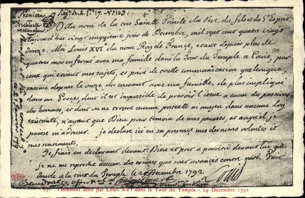 Testament von Ludwig XVI — Tour du Temple — 29. Dezember 1792 — Verleger - Vorderseite