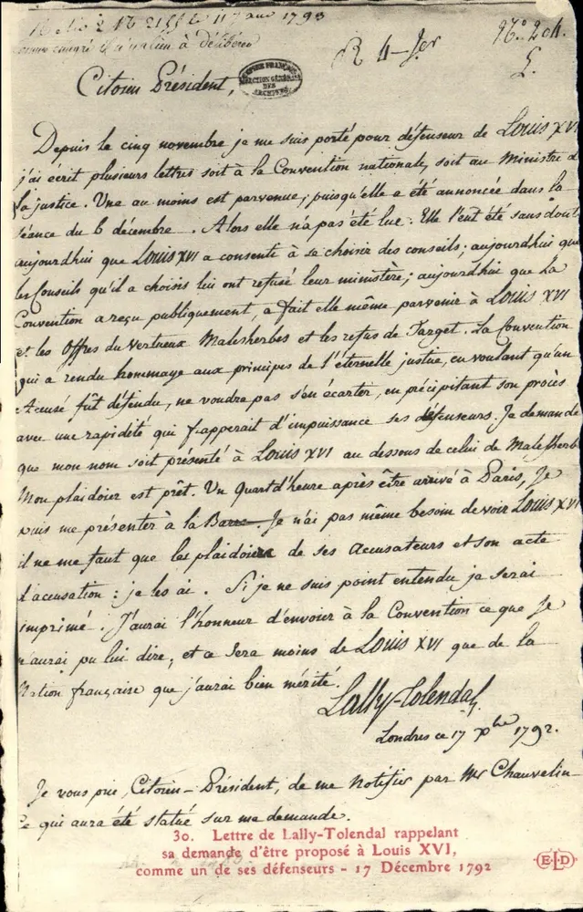 Brief von Lally-Tolendal an den Präsidenten Cotorin — 17. Dezember 1792 - Vorderseite