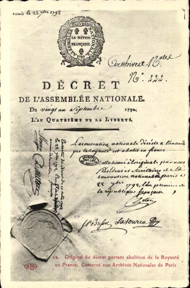Decreto da Assembléia Nacional abolindo a monarquia — Arquivos Nacionais — n° 695 - Frente