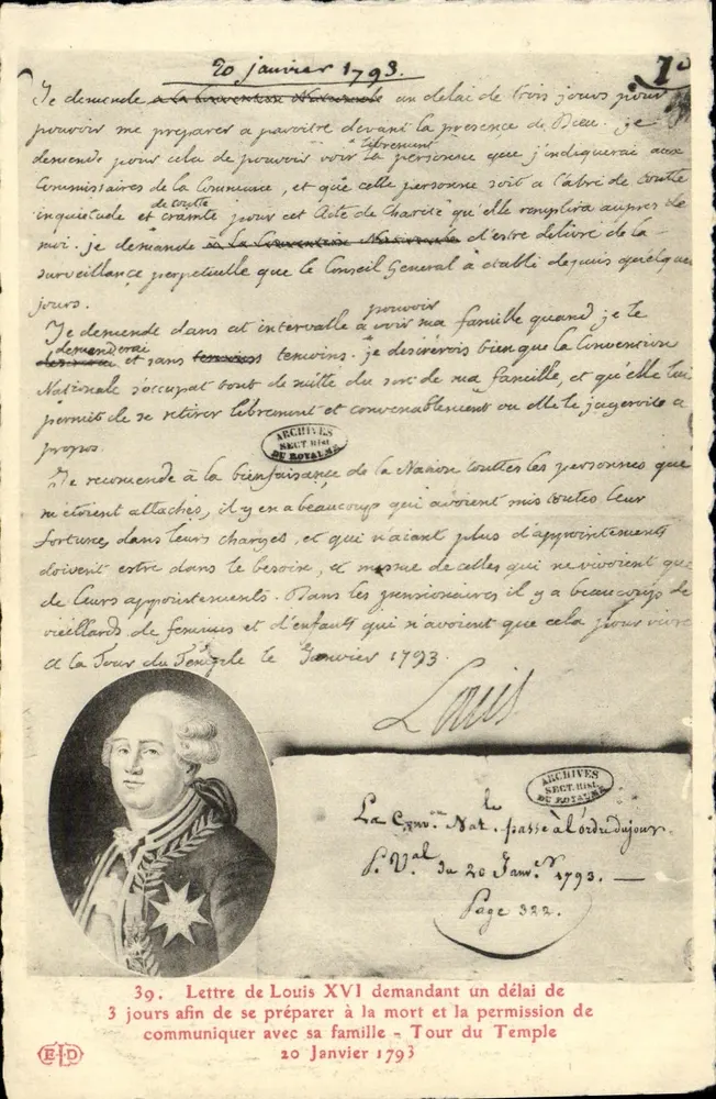 Louis XVI — Brief, der eine Frist von drei Tagen zur Vorbereitung auf den Tod und die Erlaubnis zur Kommunikation mit der Familie bittet — Turm des Tempels, 20. Januar 1793 - Vorderseite