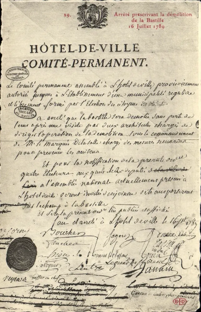 Beschluss des Rathauses von Paris — Abriss der Bastille — 16. Juli 1789 — Nationalarchiv - Vorderseite