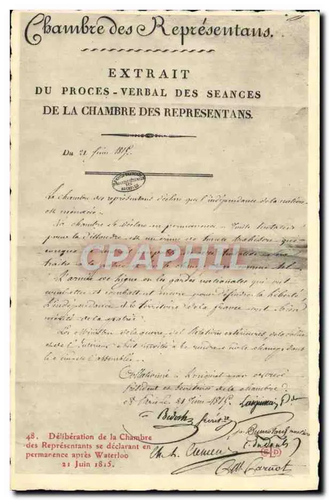 Chambre des Représentants — Auszug aus den Sitzungsprotokollen — 21. Juni 1815 - Vorderseite