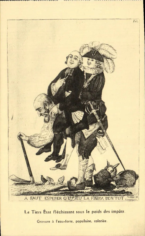 Der Dritte Stand, der unter dem Gewicht der Steuern biegt — Kupferstich, gefärbt — Campagny, Nr. 105 - Vorderseite