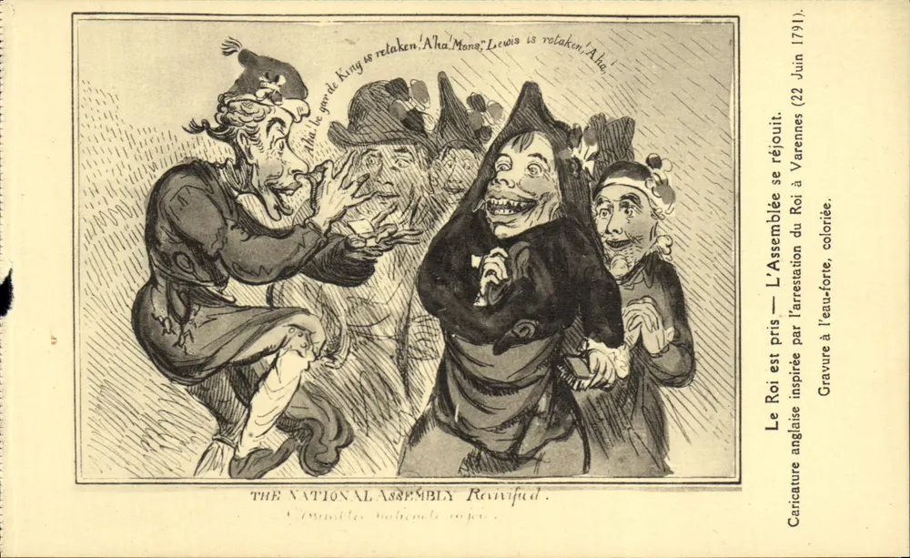 De koning is gearresteerd — De vergadering juicht — Kopergravure geïnspireerd op de arrestatie van de koning in Varennes (22 juni 1791) - Voorkant