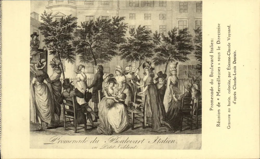 Promenade am Italienischen Boulevard — Zusammenkunft der Schönheiten — Kupferstich in Farbe von Étienne-Claude Desrais, nach Claude-Louis Desrais - Vorderseite