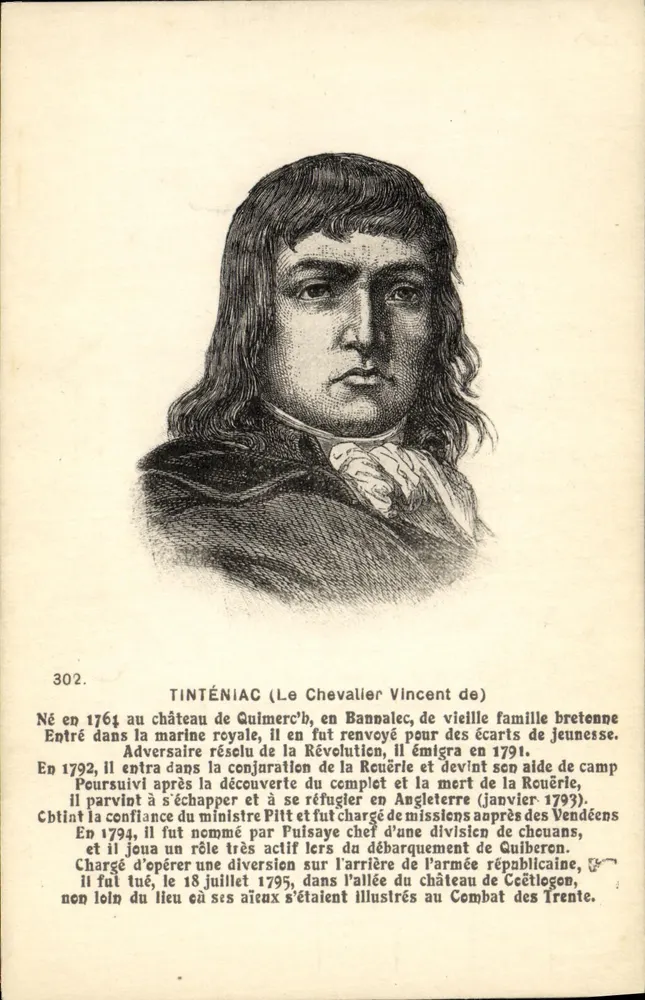 Tinténiac (O Cavaleiro Vincent de) — retrato gravado — F. Chapeau, editor Nantes, n° 302 - Frente