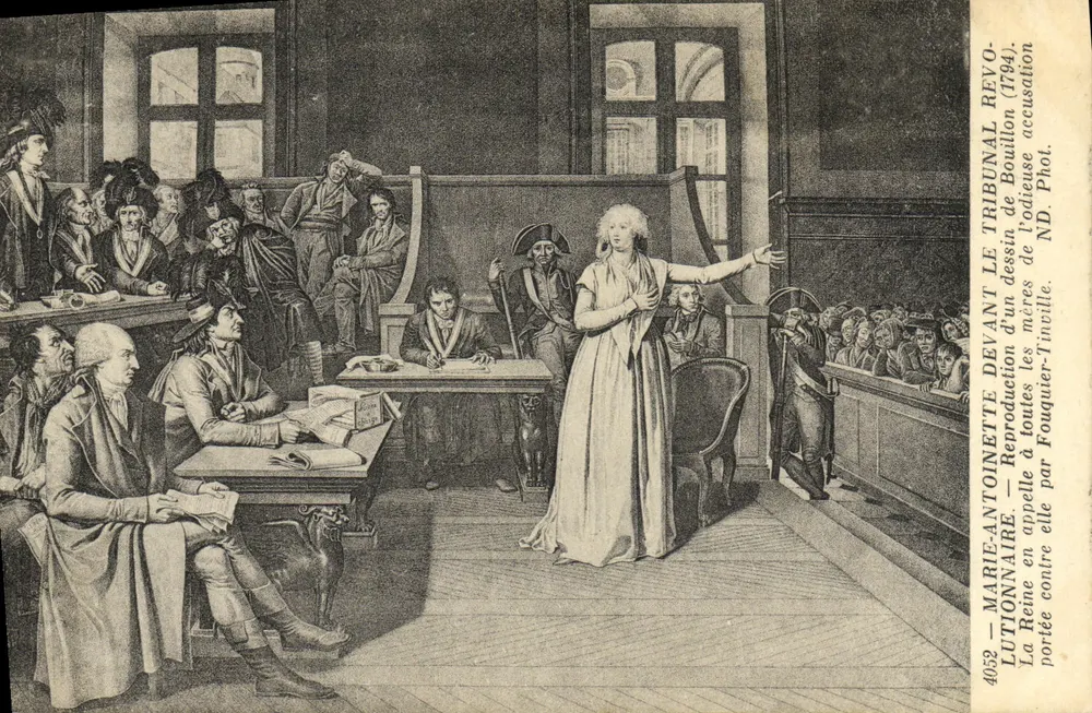 Marie-Antoinette vor dem revolutionären Tribunal (1794) — Nachbildung eines Zeichnungs von Bouillon — Nr. 4052 — ND. Foto: Fouquier-Tinville - Vorderseite