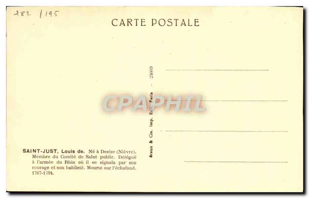 Saint-Just — retrato gravado — Braun & Cie, Paris - Verso