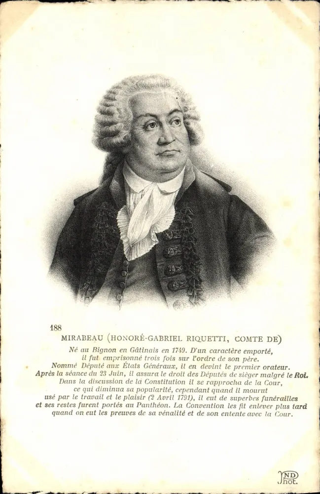 Mirabeau (Honoré-Gabriel Riquetti, conde de) — retrato gravado — editor ND Hot, n° 188 - Frente