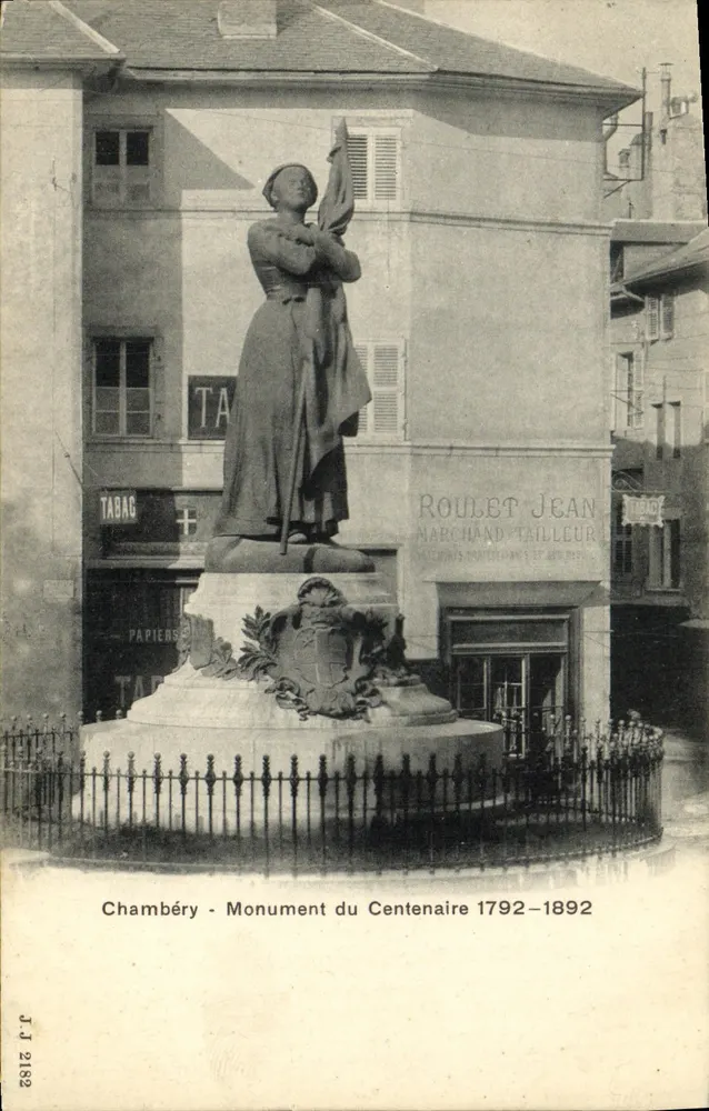 Chambéry - Monumento del Centenario 1792-1892 — statua di donna che regge una bandiera — editore J.J. 2182 - Recto