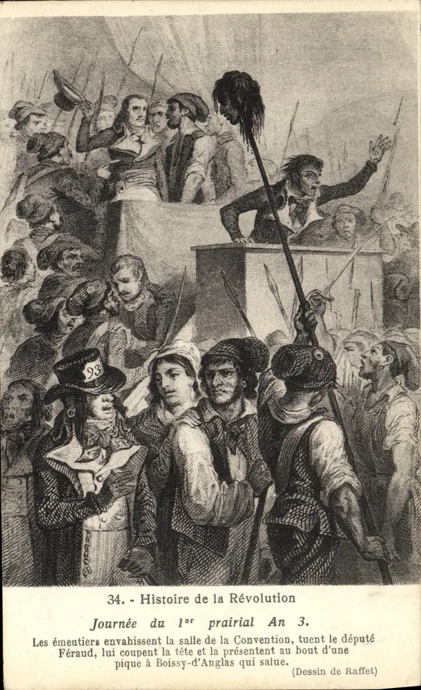 Dia 1º de prairial Ano 3 — Os revoltosos matam o deputado Féraud — Desenho de Raffet — Coleções de Arte e História E. S. & rue Menars, Paris - Frente