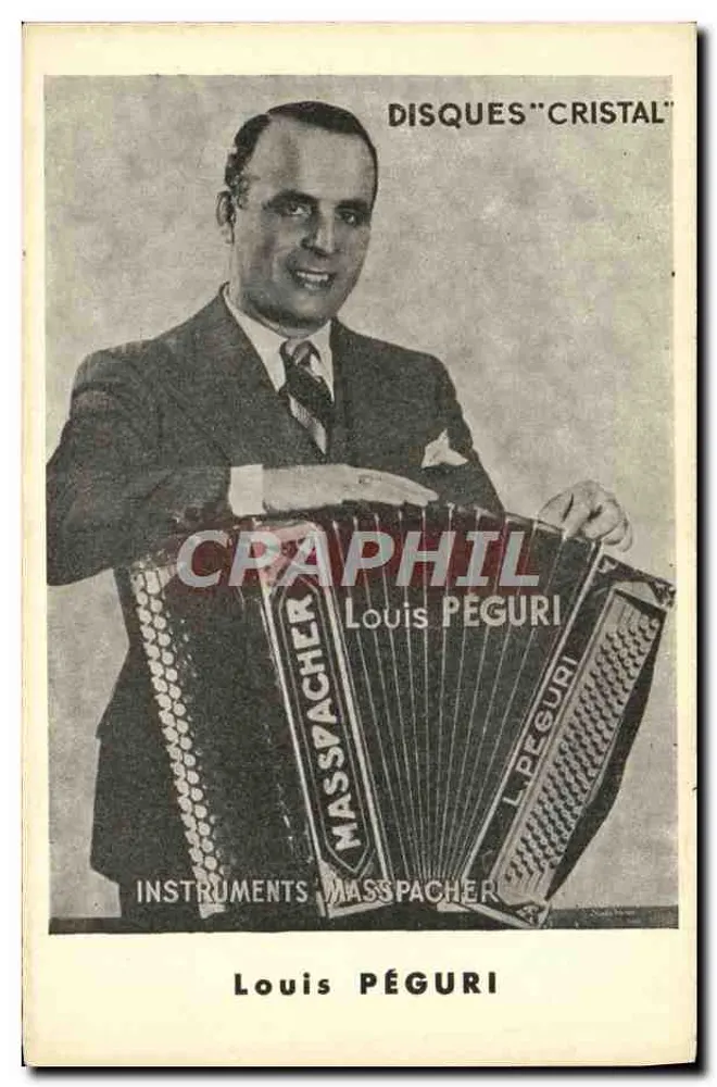 Louis Péguri — Werbung für Schallplatten 'Cristal' und Instrumente von Masspacher — General Music Instrument Manufacturing Company Masspacher - Vorderseite