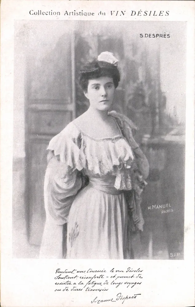 Frau in einem Rüschenkleid — Werbung für den Wein Désiles — H. Manuel, Paris - Vorderseite