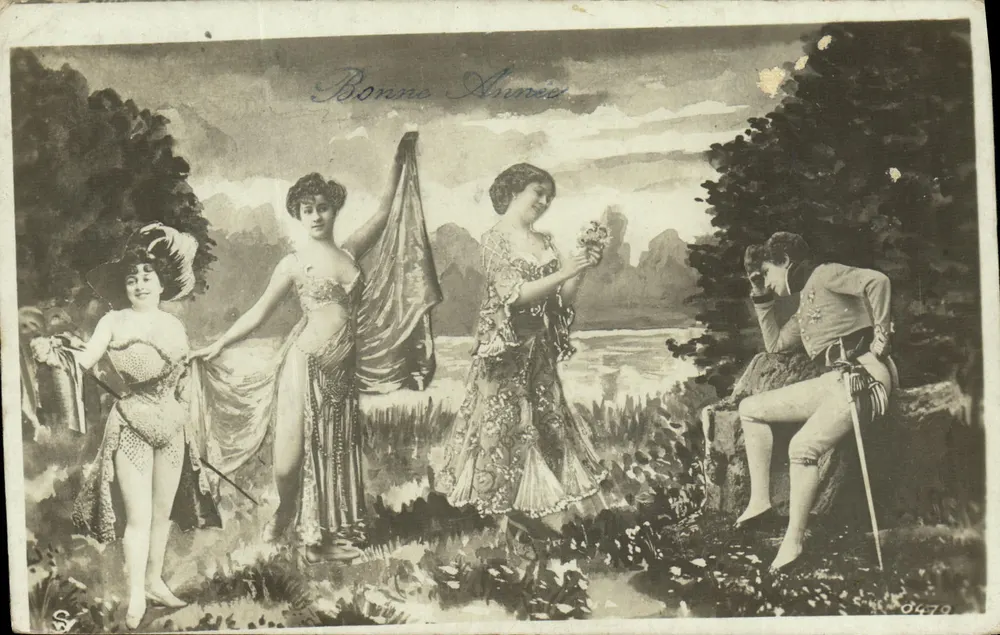 Cena de jardim com três mulheres e um homem — Boa Ano — editor S. n° 0479 - Frente