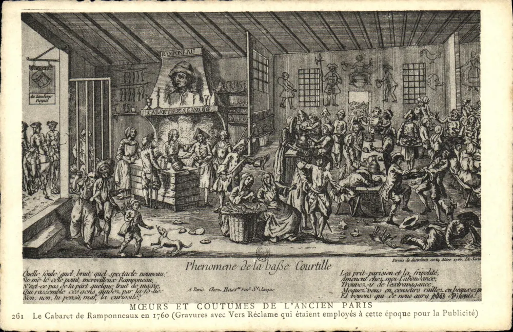 Sitten und Bräuche des alten Paris — Das Cabaret Ramponneau im Jahr 1760 — Gravuren mit Werbetext - Vorderseite