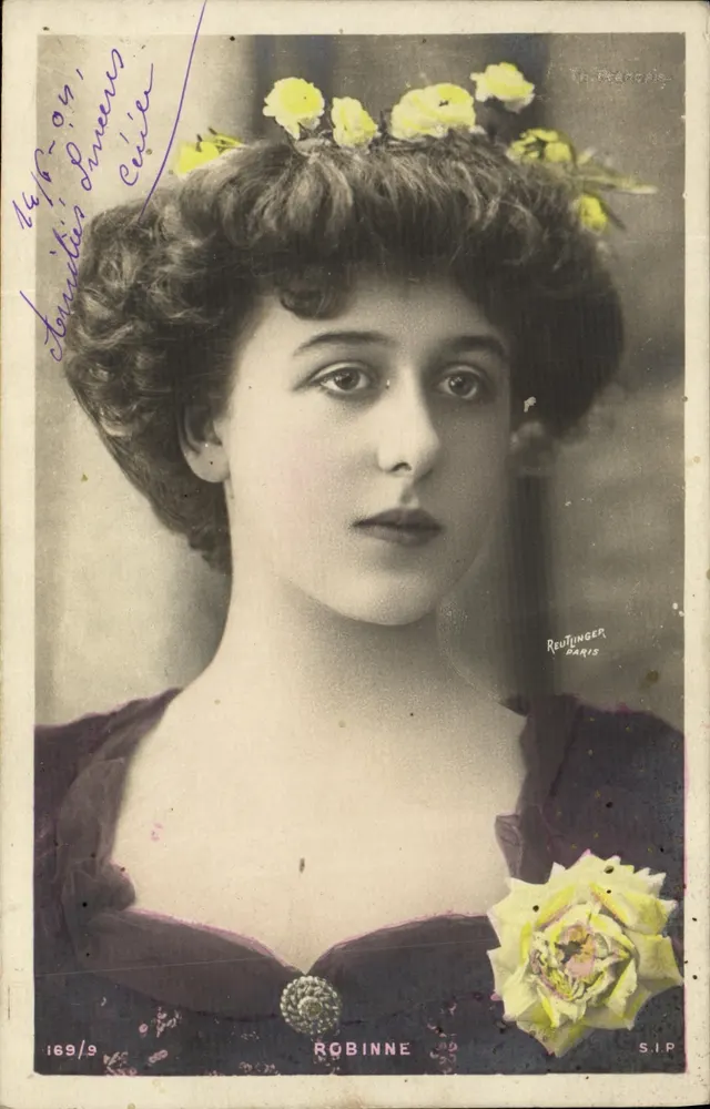 Robinne — Retrato de uma jovem com coroa de rosas amarelas — Reutinger, Paris, n° 169/9 - Frente