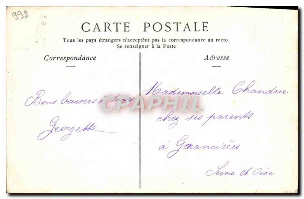 Georgette Duménil (Opéra-Comique) — jovem mulher em vestido de noiva com véu e buquê — ND. Fot. - Verso