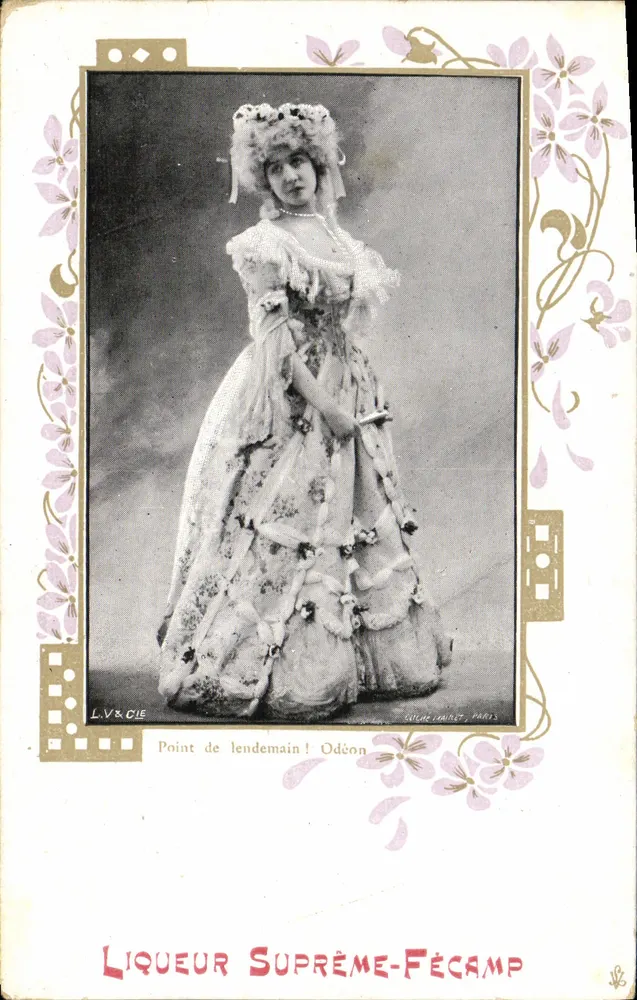 Frau in Ballkleid — Werbung für die Likör Suprême-Fécamp — L.V.&CIE, Paris - Vorderseite