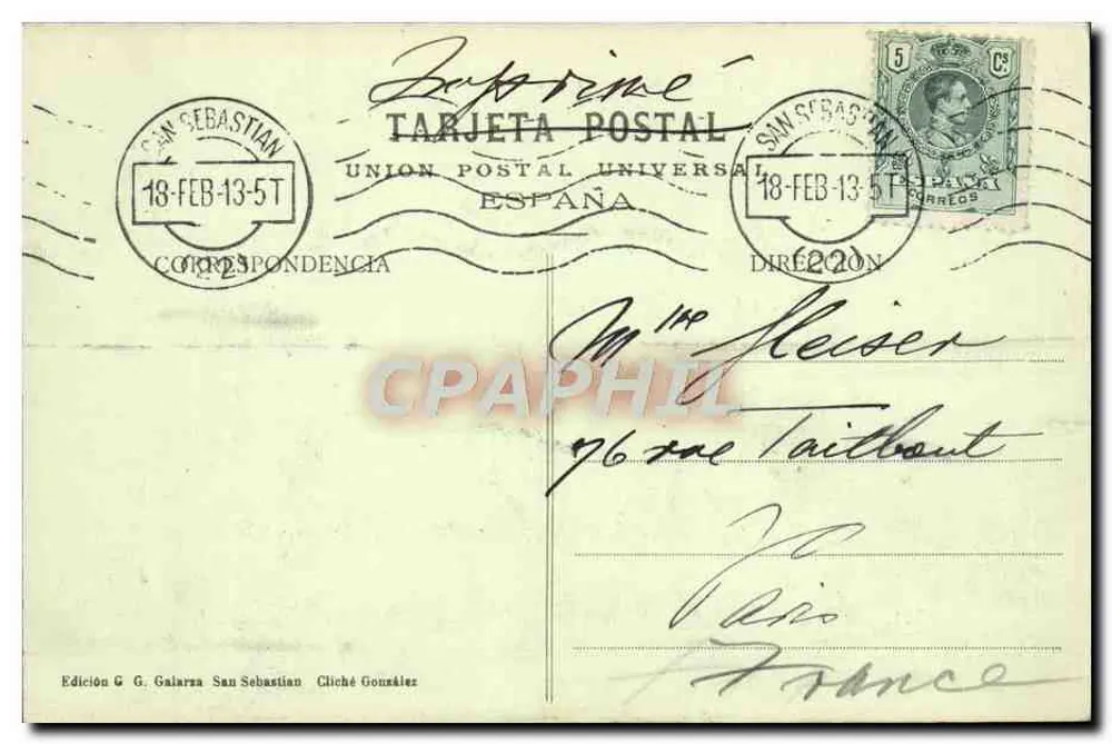 San Sebastián - Palacio de Miramar — Édition G. Galarza, n°27 - Verso