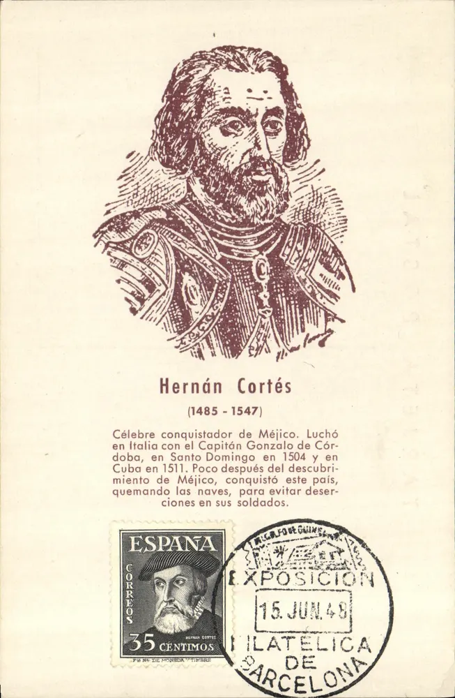 Hernán Cortés — conquistador do México — Exposição Filatélica de Barcelona - Frente