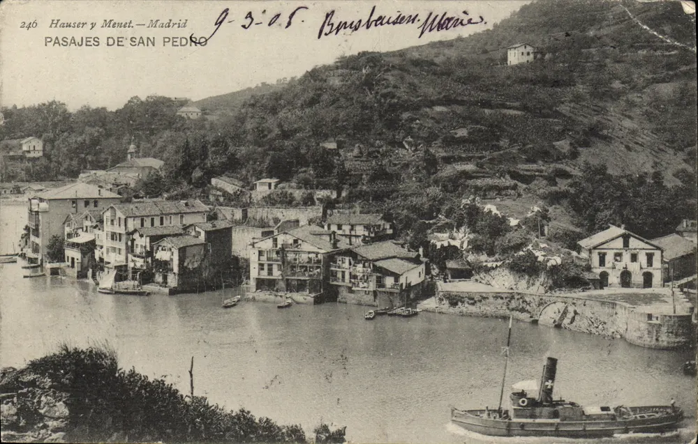 Pasajes de San Pedro — vista do porto e das casas nas margens — Hauser y Menet, Madrid, n°246 - Frente