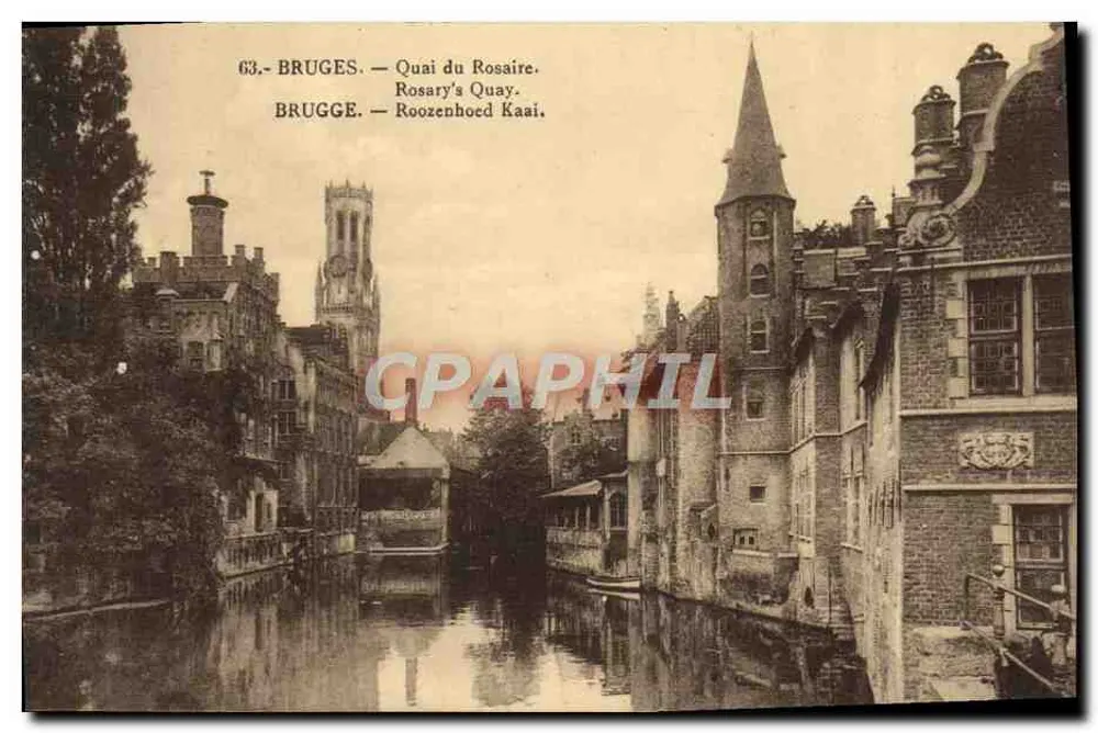 Bruges - Quai do Rosário — vista do canal com a Torre da Belfry no fundo — Henri Georges, Bruxelas, n°63 - Frente
