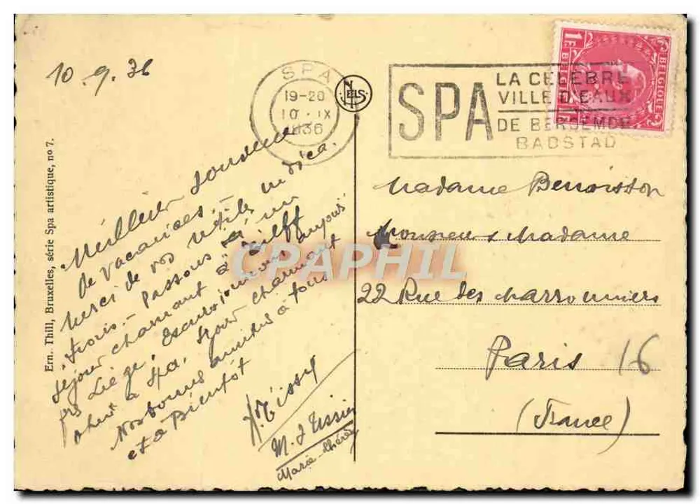 Spa - La Fraineuse — Ort der Spa-Konferenz 1920 — Verleger En. Thill, künstlerische Serie Nr. 7 - Rückseite