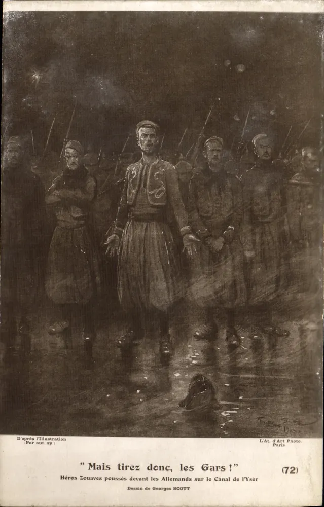 Zeuaves-Helden vor den Deutschen am Yser-Kanal — Zeichnung von Georges SCOTT — L'At. d'Art Photo, Paris (72) - Vorderseite