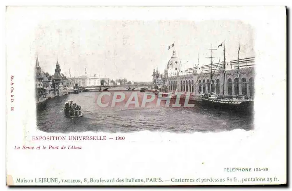 Die Seine und der Pont de l'Alma — Weltausstellung 1900 — Maison LEJEUNE, Schneider, 8, Boulevard des Italiens, PARIS - Vorderseite
