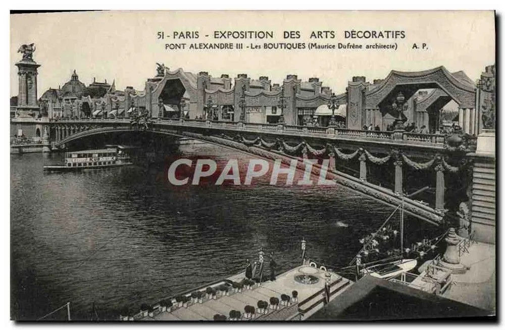 Paris - Ausstellung der dekorativen Künste - Brücke Alexandre III - Die Geschäfte (Architekt Maurice Dufrène) - Vorderseite