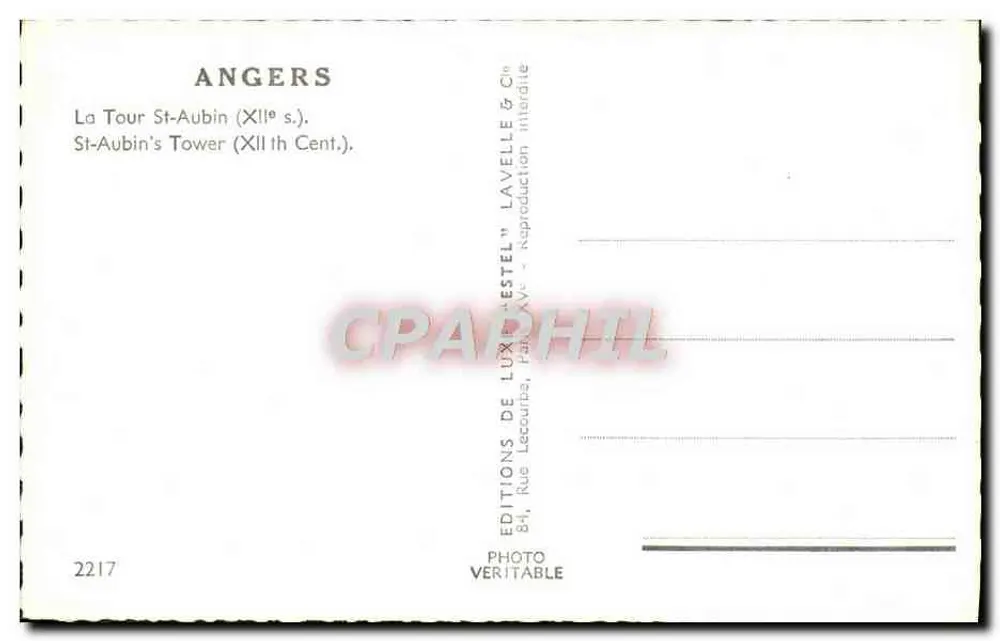 Angers — Torre St-Aubin (século XII) — Editor Estel, n° 2217 - Verso