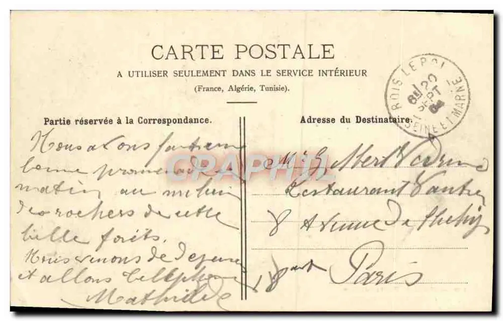 Forêt de Fontainebleau — Rocher de la Tour Dénécourt — éditeur M. Mattioli, n° 428 - Rückseite
