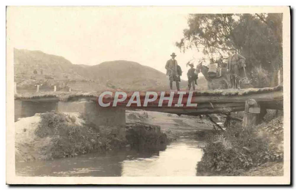 Landschaft mit Holzbrücke — Männer und Ochsenkarren — unbekannter Verleger - Vorderseite