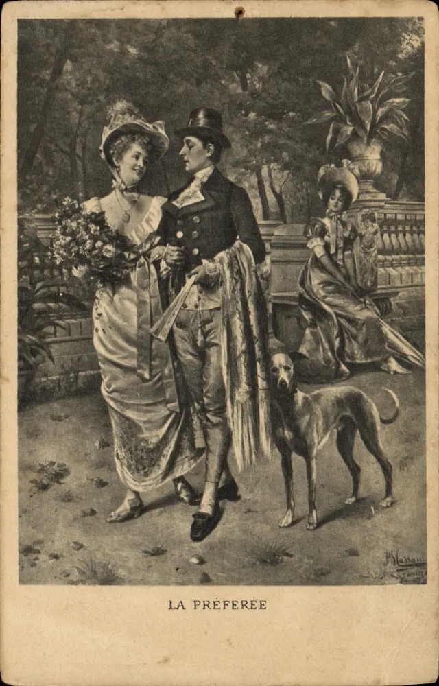 La Préférée — scène de jardin avec couple et chien — éditeur Ph. Huard, Paris - Frente