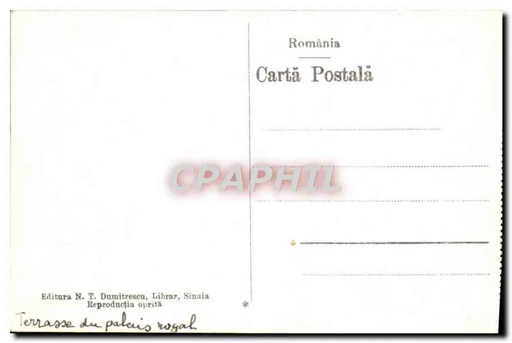 Terrasse do castelo de Peleș — Sinaia — Éditura N. T. Dumitrescu, Librar, Sinaia - Verso