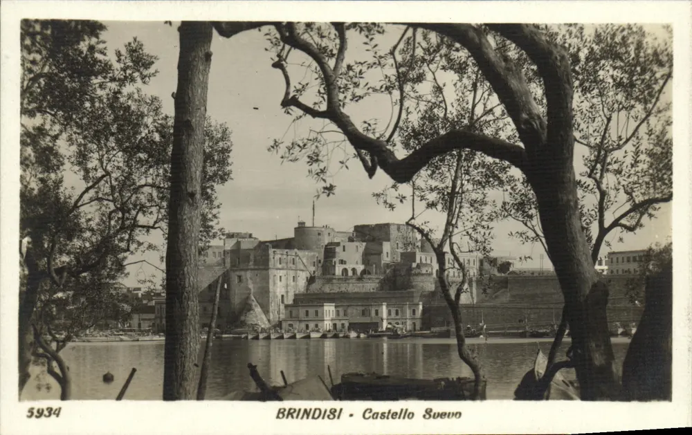 Brindisi - Castello Suevo — widok zamek z brzegu wody, otoczony drzewami - Awers