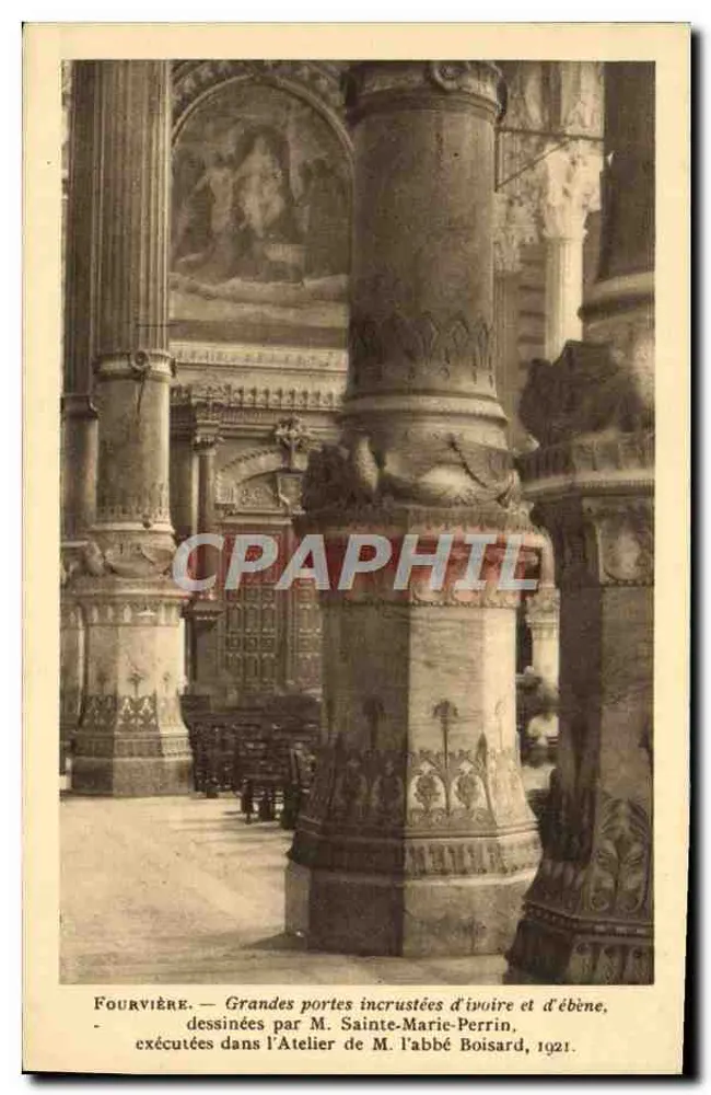 Fourvière — Große Türen mit Elfenbein und Ebenholz, gezeichnet von M. Sainte-Marie-Perrin, ausgeführt im Atelier von M. l'Abbé Boisard, 1921. - Vorderseite