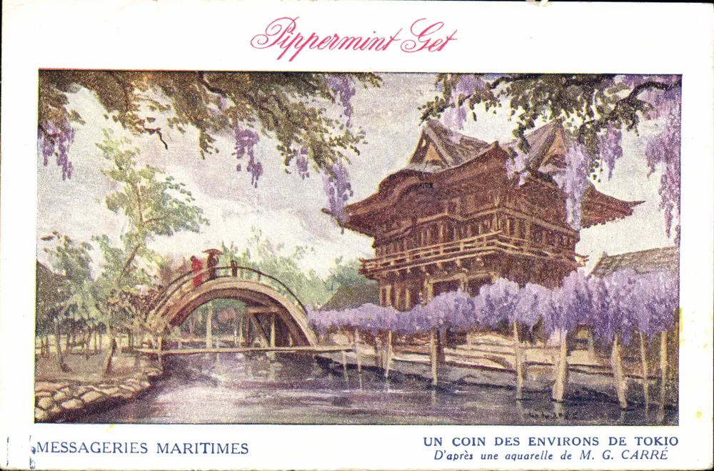 Ein Teil der Umgebung Tokios — Ansicht einer Brücke und eines japanischen Gebäudes unter Wisterien — Verlag Messageries Maritimes, Seriennummer nicht sichtbar - Vorderseite