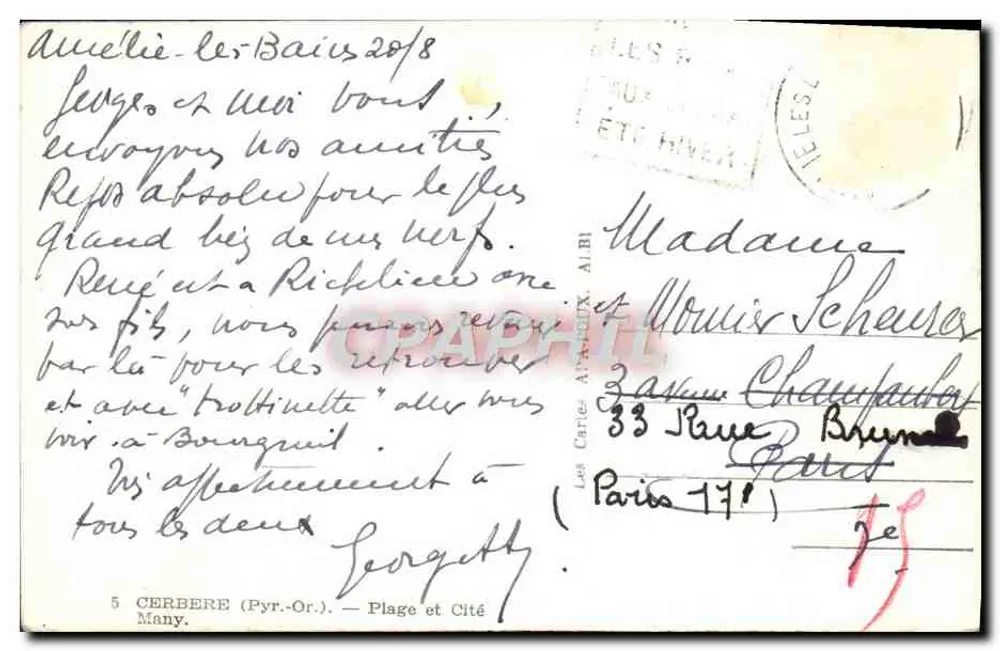 Cerbère — Praia e Cidade — As Cartas A.P.A. — n°5 - Verso