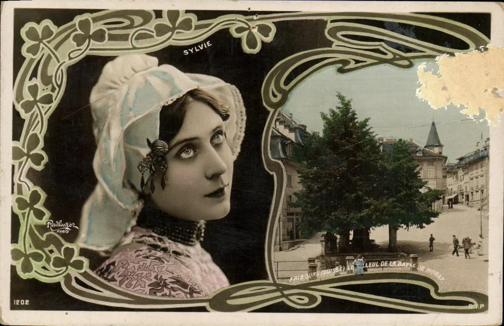 Sylvie — Portrait einer jungen Frau mit Art Nouveau-Verzierung — Verlag Raillinger, Paris, n° 1202 - Vorderseite