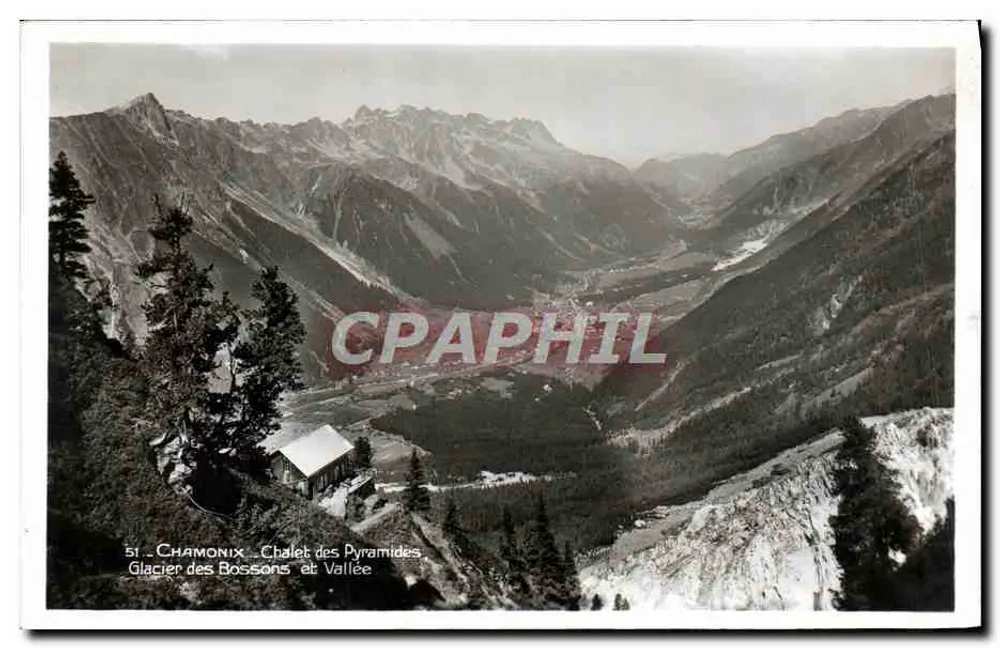 Chamonix - Chalet de las Pirámides - Glaciar de los Bossons y Valle — Foto Mont-Blanc Gay Couttet - Anverso