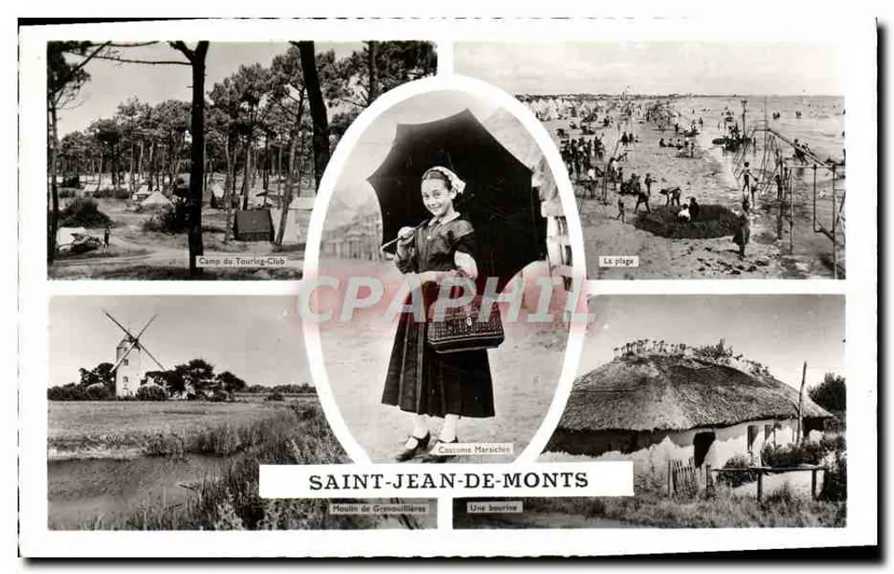 Saint-Jean-de-Monts — Campo do Touring-Club, praia, traje de horticultor, moinho de Grenouillères, uma bourrine — Éditions Gaby - Frente