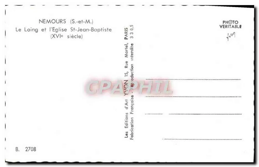 Nemours (S.-et-M.) — Der Loing und die Kirche Saint-Jean-Baptiste (16. Jahrhundert) — Yvon, B. 2708 - Rückseite
