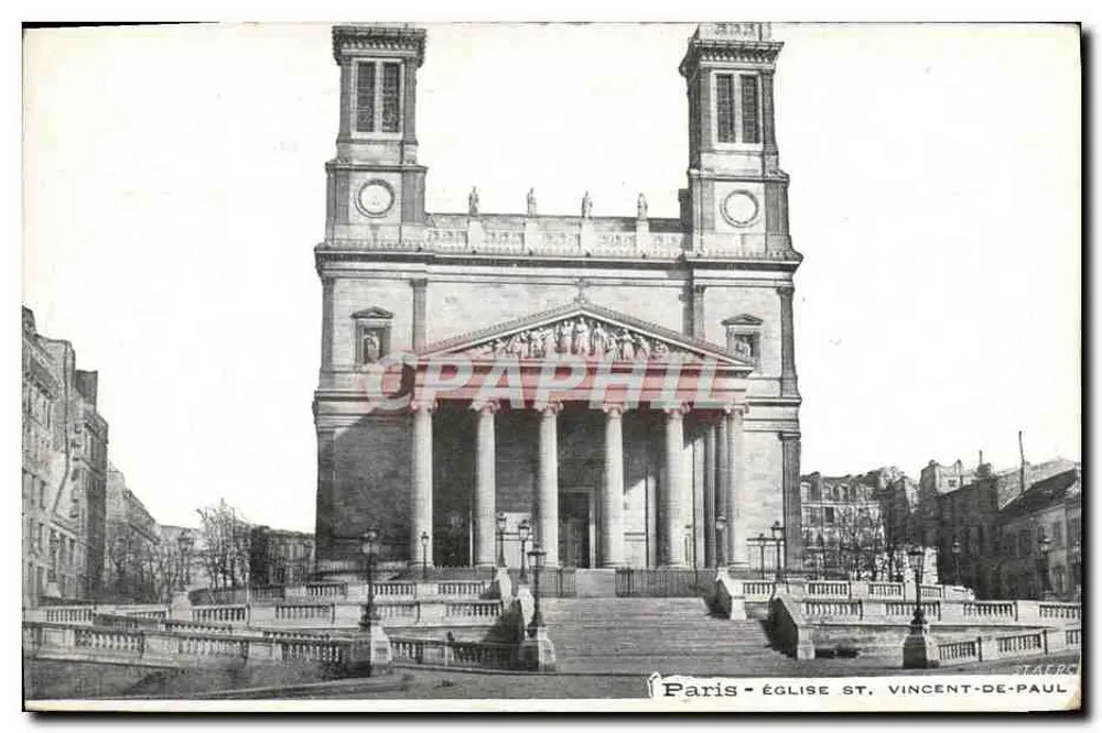 Paris - Igreja de São Vicente de Paulo — vista da fachada neoclássica com colunatas e escadas — editor Emile Morin, n° 229 - Frente